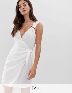 Fashion Union Tall wrap dress with wooden ring detail-White