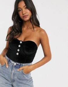 Fashion Union velvet sweetheart body with pearl button-Black