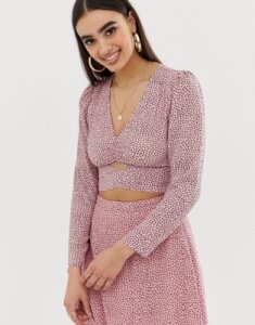 Fashion Union wrap front blouse in polka-Pink