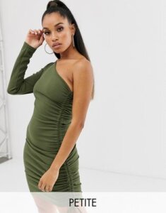 Fashionkilla Petite going out one shoulder long sleeve ruched side mini dress in khaki-Green