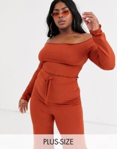 Fashionkilla Plus ribbed off shoulder frill crop top in rust-Red