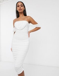 Femme Luxe drape ruched midi dress in white