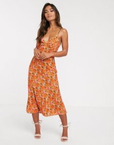 Finders Keepers bloom midi slip dress with contrast lace up back-Red
