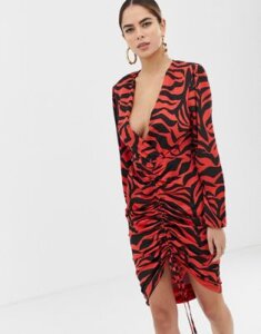 Flounce London front plunge wrap midi dress with long sleeve in red zebra print-Multi