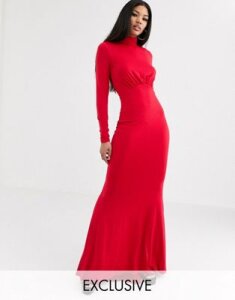 Flounce London high neck fishtail maxi dress with ruched detail in red