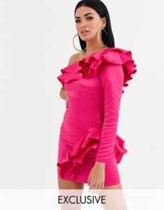 Flounce London one shoulder frill satin mini dress in fuchsia-Pink
