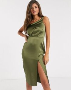 Flounce London satin drape one shoulder dress in olive-Green