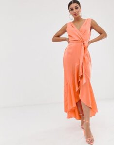 Flounce London wrap front midaxi dress in tangerine-Orange