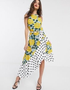 Forever U Collection asymmetric dress in bright floral and polkadot mix-Multi