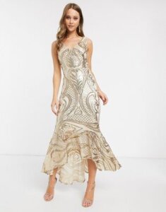 Forever U sequin maxi dress with high low hem in gold