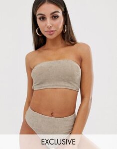 Free Society Exclusive mix & match crinkle bandeau bikini top in taupe-Gray