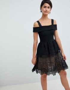 French Connection Amelia Lace Off Shoulder Dress-Black