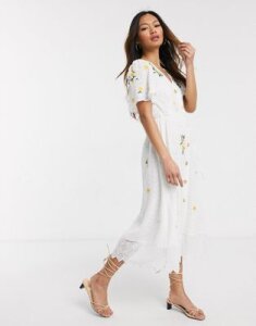 French Connection button front embroidered broderie midi dress-White