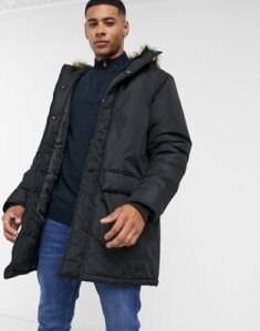 French Connection faux fur hood parka jacket in black