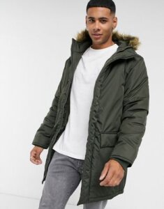 French Connection faux fur hood parka jacket in khaki-Green