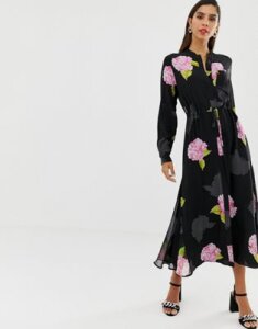 French Connection midi shirt floral bloom dress-Black