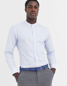 French Connection plain poplin grandad collar slim fit shirt-Blue