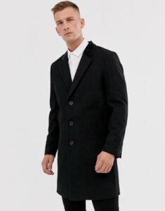French Connection premium wool rich overcoat with velvet collar-Black
