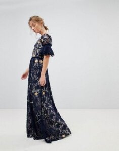 Frock And Frill Allover Floral Embroidered Lace Maxi Dress With Flutter Sleeve-Navy