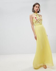 Frock And Frill Embroidered Top Pleated Maxi Dress-Yellow