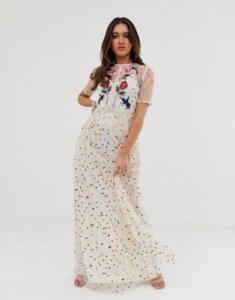 Frock And Frill floral and bird embroidered maxi dress in allover rainbow polka print-Multi