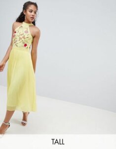 Frock And Frill Tall Embroidered Top Pleated Midi Dress-Yellow