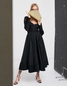 Ghospell full circle midi skirt with pleated hem-Black