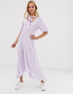 Ghost hanky hem floral midi dress with button front and tie neck-Purple