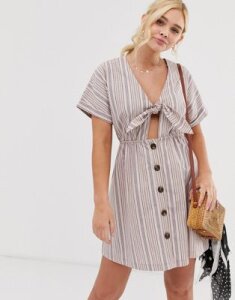 Gilli button down mini dress with tie front detail in stripe-Pink