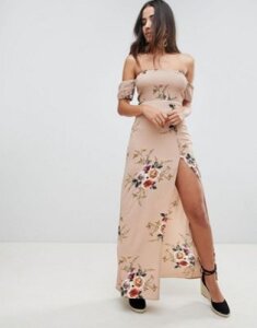 Girl In Mind floral bardot maxi dress-Beige