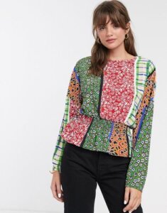 Glamorous blouse with shirred waist in retro patchwork-Multi