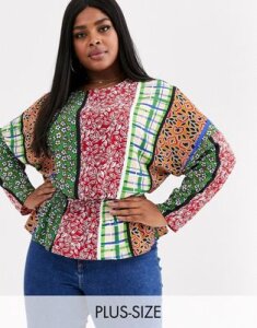 Glamorous Curve blouse with shirred waist in retro patchwork-Multi