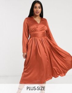 Glamorous Curve plunge front midi tea dress in satin-Orange