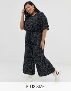 Glamorous Curve relaxed jumpsuit with tie front in spaced polka dot-Black