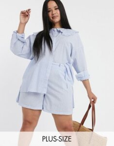Glamorous Curve relaxed shirt with detailed collar in stripe two-piece-Blue