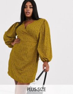 Glamorous Curve volume sleeve wrap dress in dalmatian spot-Yellow