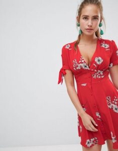 Glamorous floral button through tea dress-Red