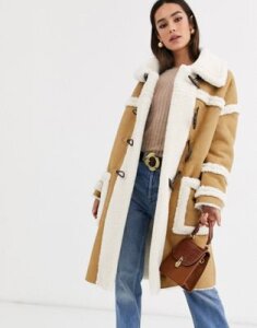 Glamorous longline coat with borg detail-Tan