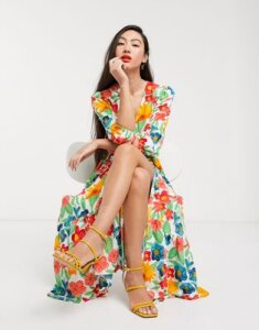 Glamorous midaxi wrap front dress with tiered skirt in bright vintage floral-White