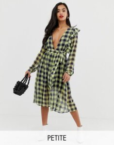 Glamorous Petite plunge front midi dress with tie waist in contrast check-Navy