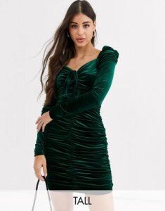 Glamorous Tall bodycon mini dress with ruching in velvet-Green