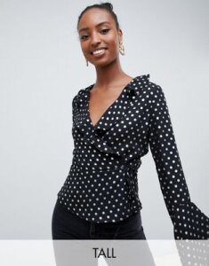 Glamorous Tall long sleeve wrap front blouse in gold spot-Black