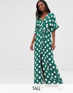 Glamorous Tall maxi dress with kimono sleeves and tie waist in polka dot-Green