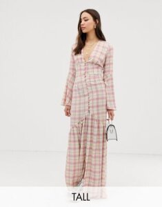 Glamorous Tall maxi tea dress with button front in grid check-White