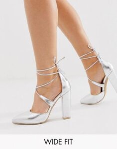 Glamorous Wide Fit silver block heeled tie up pumps