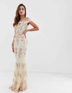 Goddiva off shoulder bardot placement lace maxi dress in blush and gold-Multi