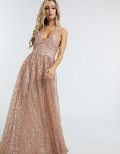 Goddiva plunge glitter cami maxi dress in metallic blush-Pink