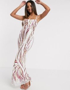 Goddiva spaghetti strap sequin maxi dress in white and pink