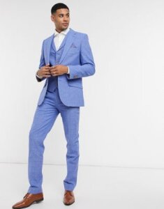 Harry Brown blue linen checked slim fit suit pants