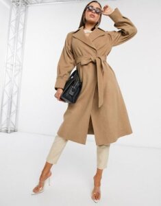 Helene Berman belted tailored wool coat in camel-Brown
